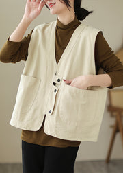 Beige Pockets Patchwork Cotton Vest V Neck Sleeveless