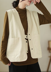 Beige Pockets Patchwork Cotton Vest V Neck Sleeveless