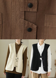 Beige Pockets Patchwork Cotton Vest V Neck Sleeveless