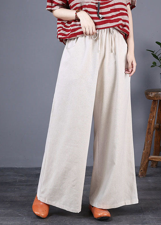 Beige Pockets Patchwork Cotton Wide Leg Trousers Elastic Waist Summer