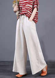 Beige Pockets Patchwork Cotton Wide Leg Trousers Elastic Waist Summer