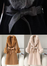 Beige Pockets Patchwork Fuzzy Fur Long Coat Fur Collar Long Sleeve