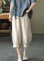 Beige Pockets Patchwork Linen Crop Pants Elastic Waist Summer