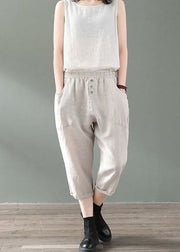 Beige Pockets Patchwork Linen Crop Pants Summer