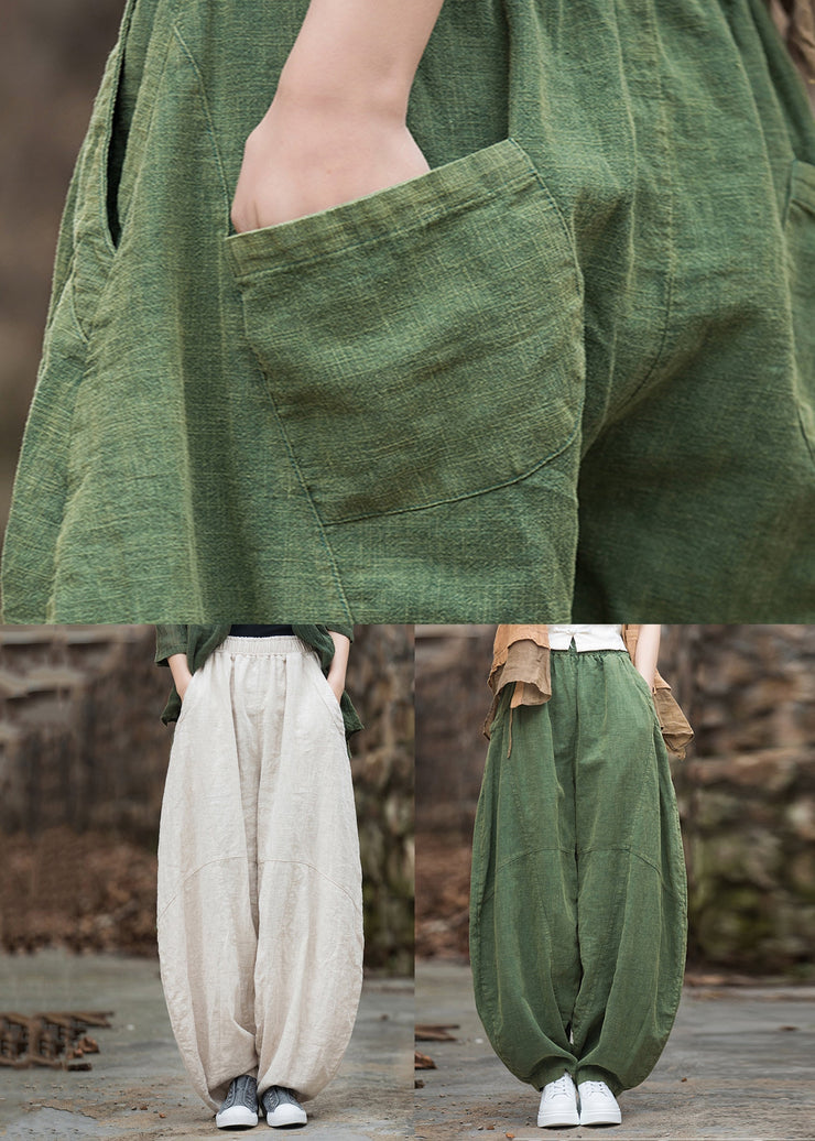 Beige Pockets Patchwork Linen Lantern  Pants Elastic Waist Fall