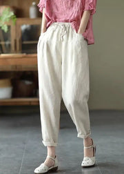 Beige Pockets Patchwork Linen Pants Elastic Waist Summer