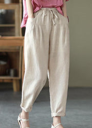 Beige Pockets Patchwork Linen Pants Elastic Waist Summer