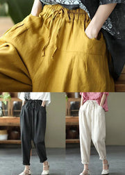 Beige Pockets Patchwork Linen Pants Elastic Waist Summer