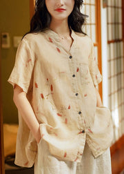 Beige Pockets Patchwork Linen Tops V Neck Short Sleeve