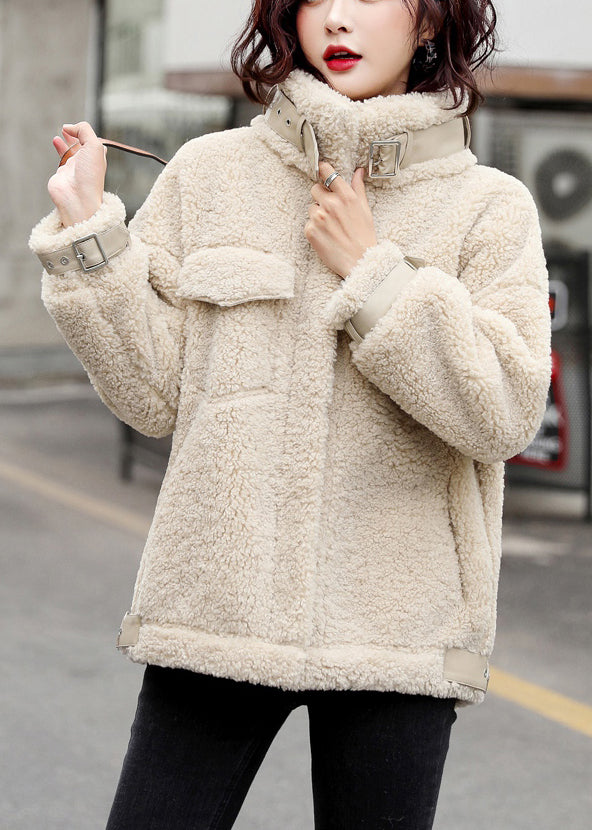 Beige Pockets Patchwork Teddy Faux Fur Coats Stand Collar Winter