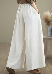 Beige Pockets Simple Cotton Wide Leg Pants Drawstring Fall