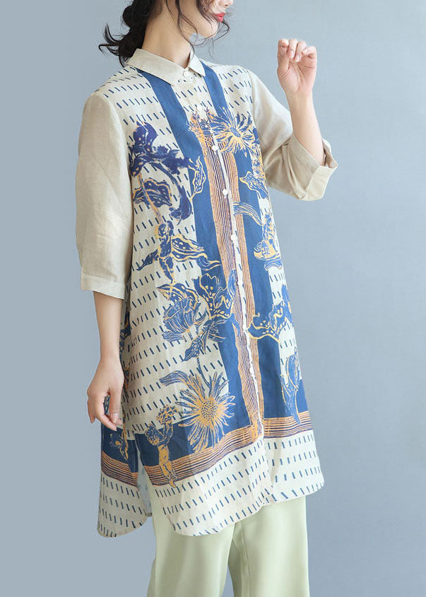 Beige Print Linen Long Shirt Top Side Open Half Sleeve