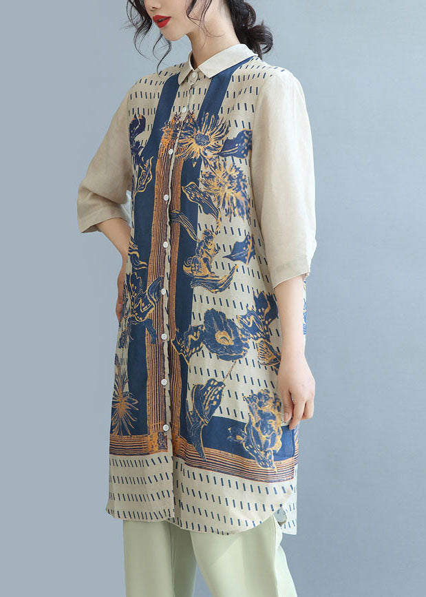 Beige Print Linen Long Shirt Top Side Open Half Sleeve