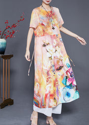 Beige Print Linen Robe Dresses Oversized Low High Design Summer