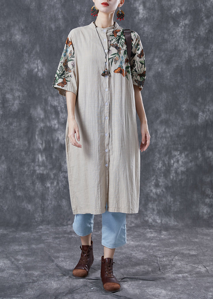 Beige Print Linen Shirt Dress Stand Collar Oversized Summer