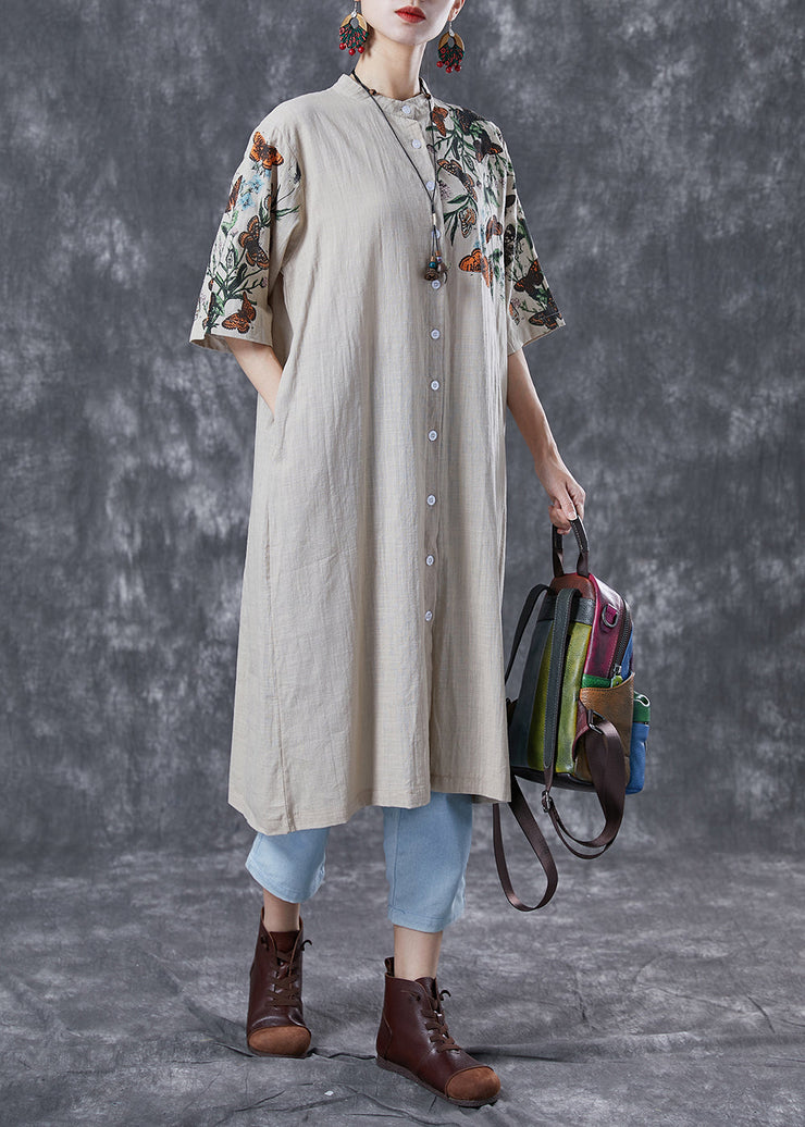 Beige Print Linen Shirt Dress Stand Collar Oversized Summer