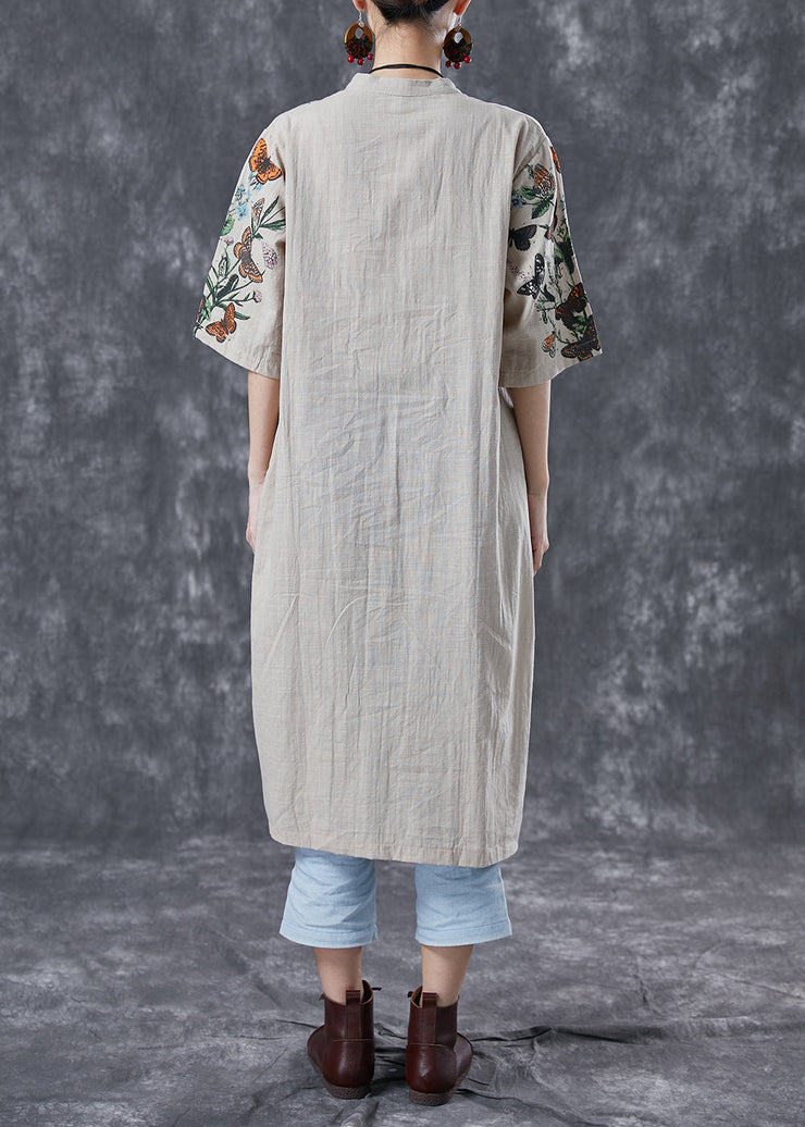 Beige Print Linen Shirt Dress Stand Collar Oversized Summer