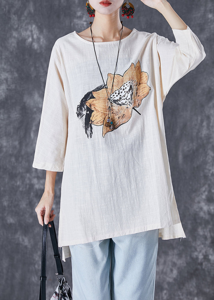 Beige Print Linen Tops Low High Design Fall