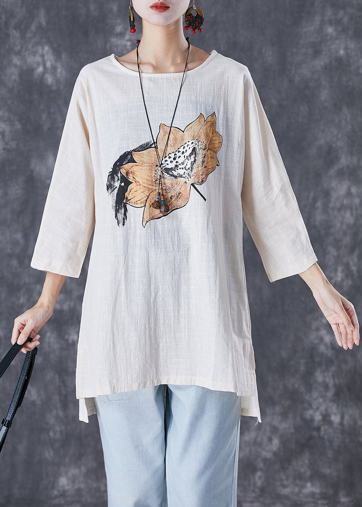 Beige Print Linen Tops Low High Design Fall