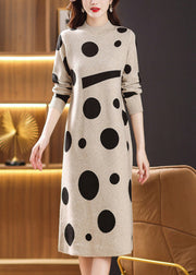 Beige Print Patchwork Woolen Long Dresses Stand Collar Fall