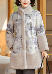 Beige Print Pockets Patchwork Warm Fleece Coats Winter