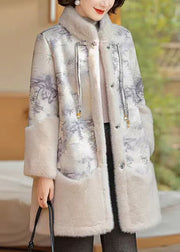 Beige Print Pockets Patchwork Warm Fleece Coats Winter