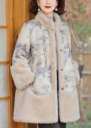 Beige Print Pockets Patchwork Warm Fleece Coats Winter