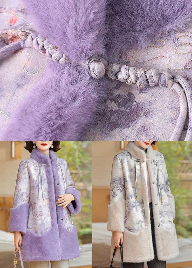 Beige Print Pockets Patchwork Warm Fleece Coats Winter