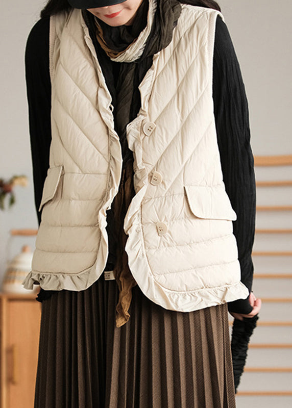 Beige Ruffled Patchwork Button Duck Down Waistcoat Sleeveless