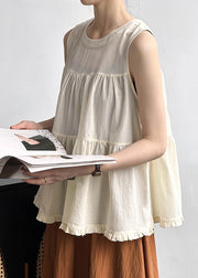 Beige Ruffled Solid Cotton Tops O Neck Summer