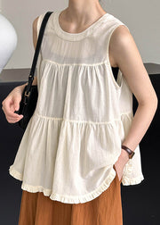 Beige Ruffled Solid Cotton Tops O Neck Summer