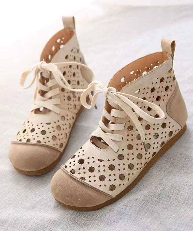 Beige Sandals Boots Faux Leather Classy Splicing Hollow Out Lace Up