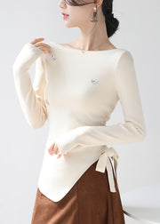 Beige Sequins Floral Knit Sweater Asymmetrical Lace Up Winter