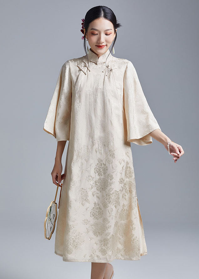 Beige Side Open Long Dress Long Sleeve