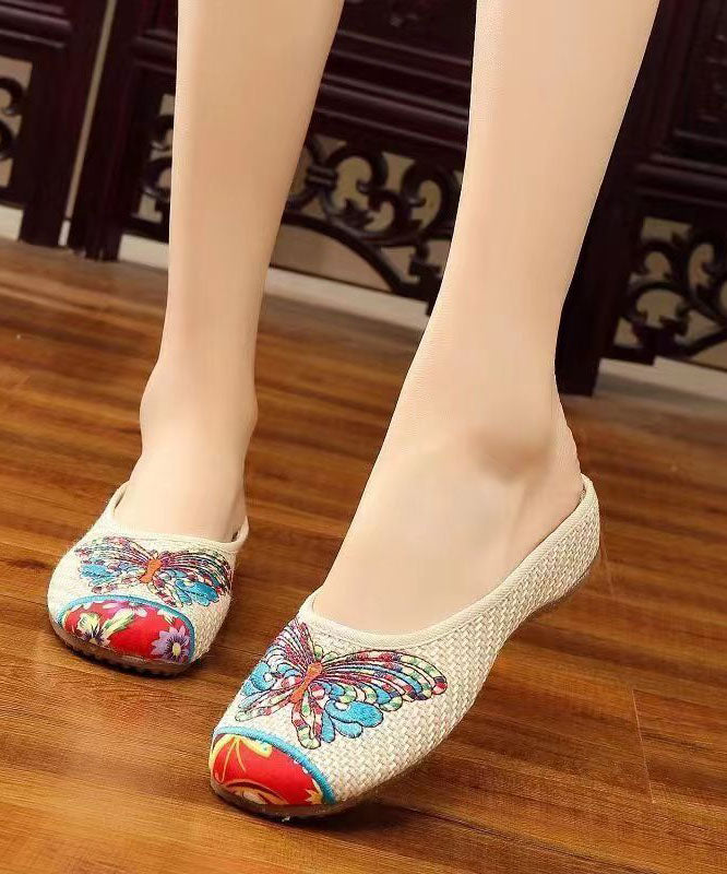 Beige Slide Sandals Linen Fabric Classy Splicing Butterfly Embroideried