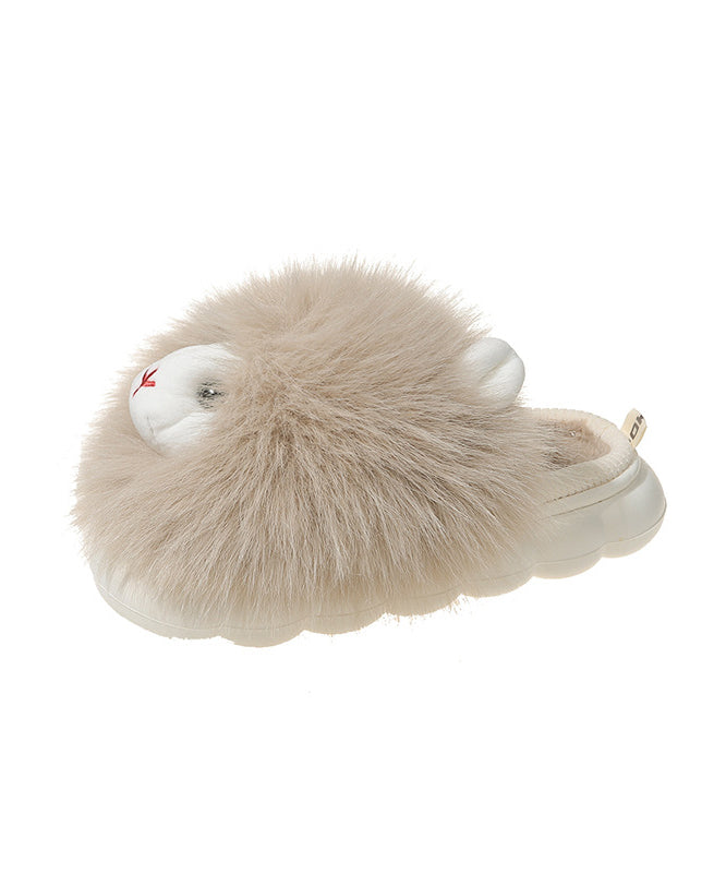 Beige Slippers Shoes Fuzzy Fur Fashion Splicing