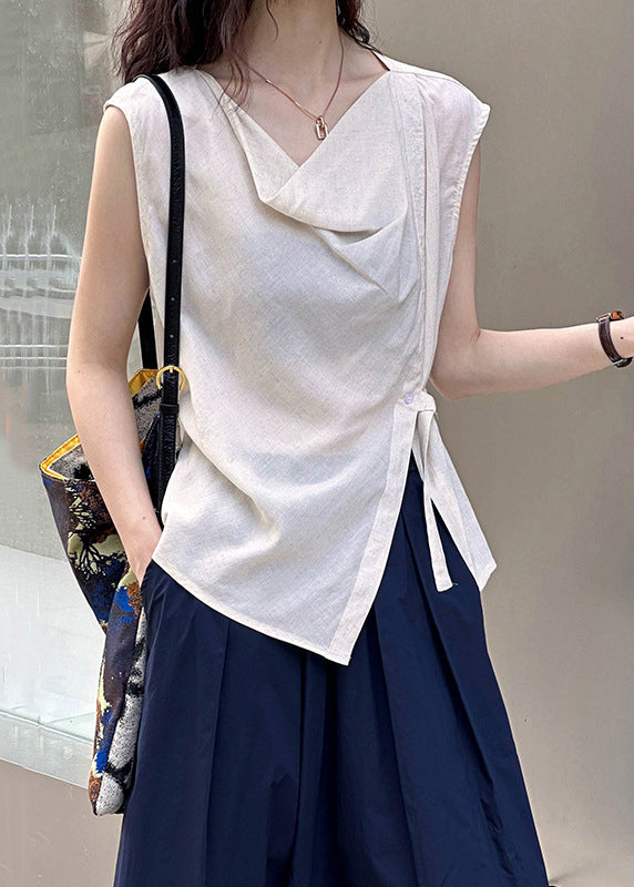 Beige Solid Cotton Blouse Tops Turtle Neck Sleeveless