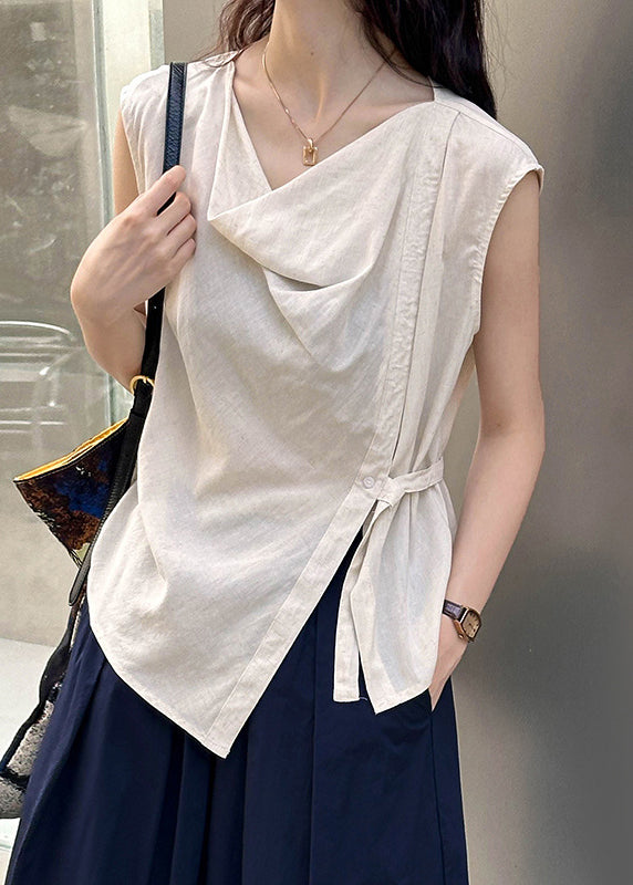 Beige Solid Cotton Blouse Tops Turtle Neck Sleeveless