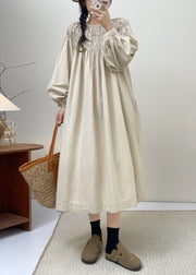 Beige Solid Cotton Dresses Lace Up Long Sleeve