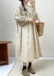 Beige Solid Cotton Dresses Lace Up Long Sleeve