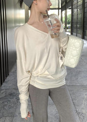 Beige Solid Loose Cotton Spring Top V Neck