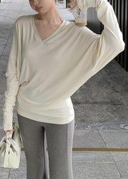 Beige Solid Loose Cotton Spring Top V Neck