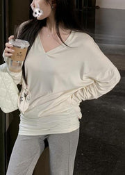 Beige Solid Loose Cotton Spring Top V Neck