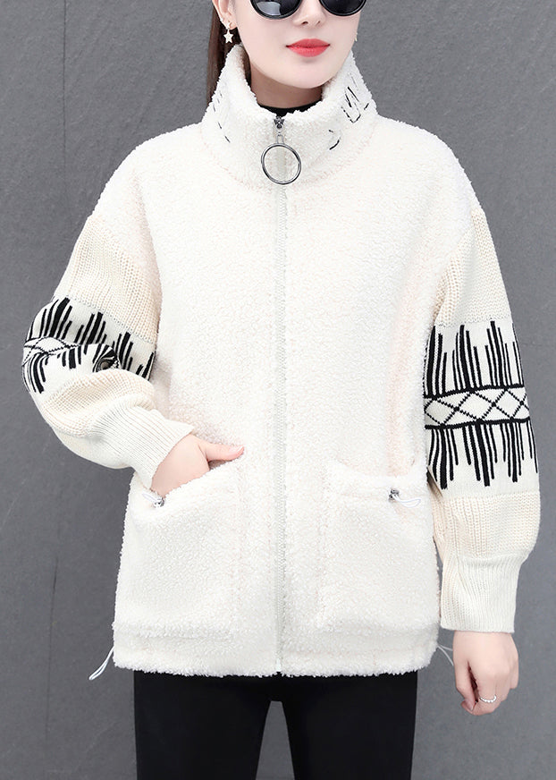 Beige Stand Collar Zippered Striped Patchwork Teddy Faux Fur Coats Winter