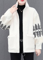 Beige Stand Collar Zippered Striped Patchwork Teddy Faux Fur Coats Winter