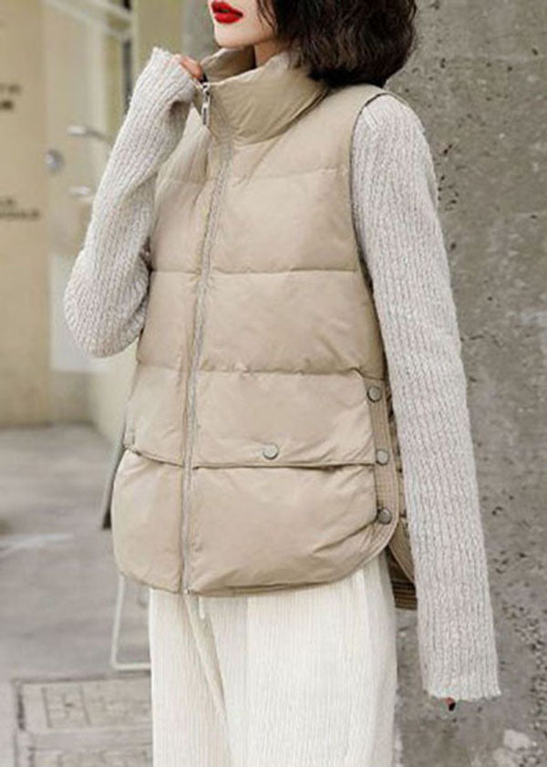 Beige Thick Duck Down Winter Vests Oversized Zippered Winter