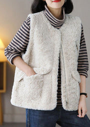 Beige Thick Fuzzy Fur Fluffy Waistcoat Zip Up Spring