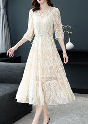 Beige Tie Waist Lace Long Dresses V Neck Bracelet Sleeve