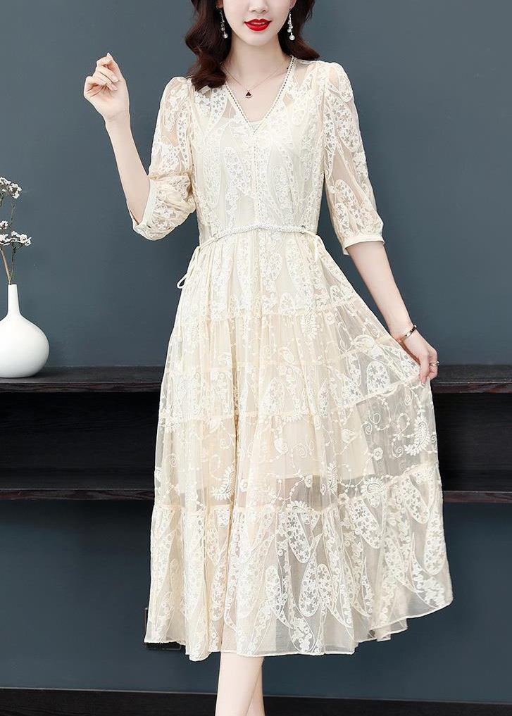 Beige Tie Waist Lace Long Dresses V Neck Bracelet Sleeve