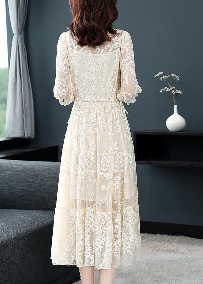 Beige Tie Waist Lace Long Dresses V Neck Bracelet Sleeve